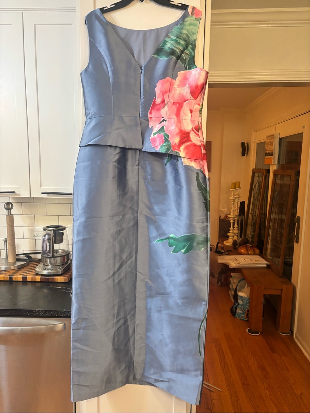 new Kay Unger Luciana floral mikado column maxi gown - pearl blue multi flowers - Picture 7 of 10